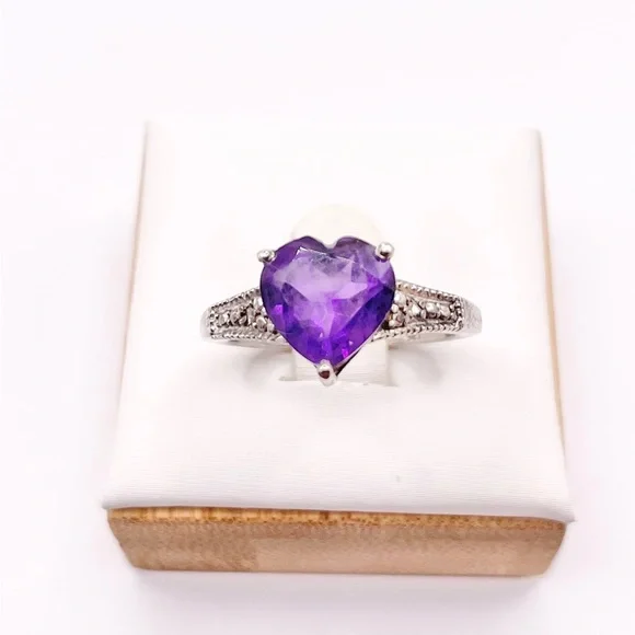 Size 7 Dark Purple amethyst heart 925 sterling silver ring - Picture 2 of 8